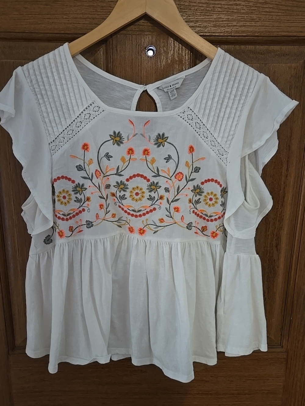 Lucky Brand White Peplum Tunic with Orange & Yellow Embroidery